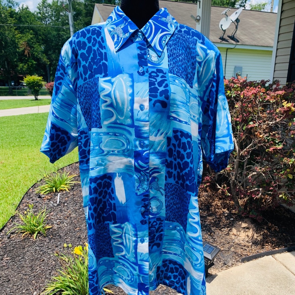 Vintage Blue Safari Print Blouse Sz 2X